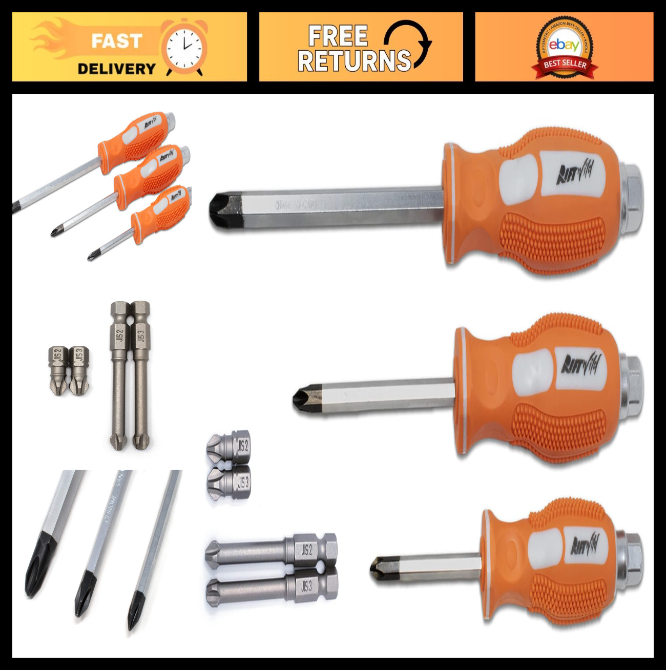 7pc JIS Driver & Bit Set #1 #2 #3 Screwdrivers Short/Long 1/4″ Bits – Precision