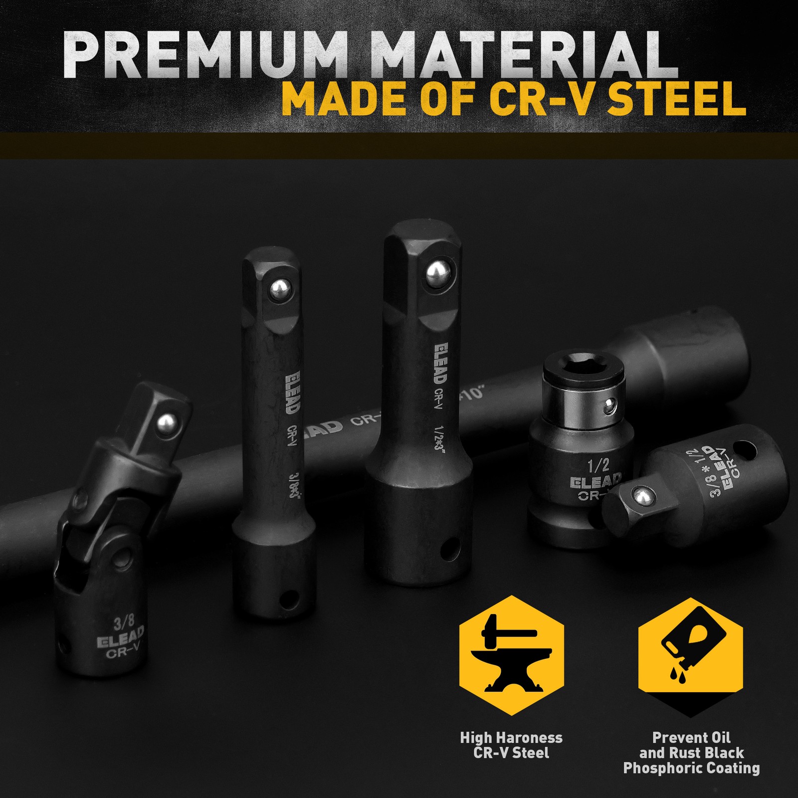 18PC Impact Socket Extension Bar Set Socket Adapter Swivel Joints 1/4″ 3/8″ 1/2″