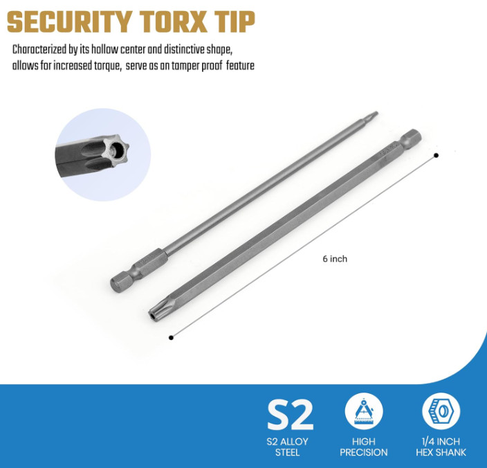 Juego de puntas Torx de seguridad extra largas 11 piezas T6–T40