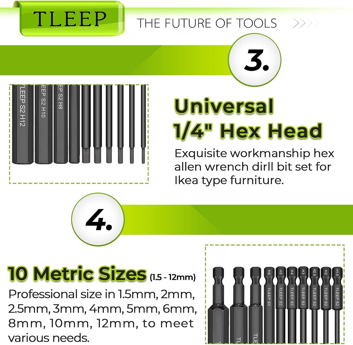 10 x Long 100MM 1/4 Metric 1.5mm to 12mm, Set 2: 12mm 1.5mm, 100mm Black