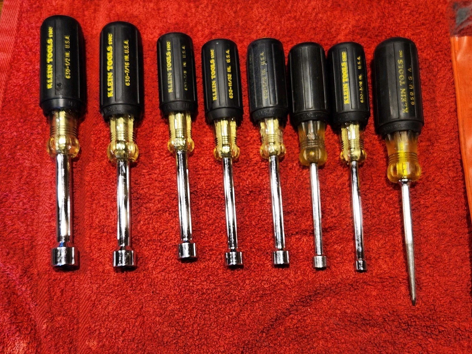 VINTAGE KLEIN 631 Standard Hollow Shaft Nut Driver Set 7 +1 Piece Bonus #650 Awl