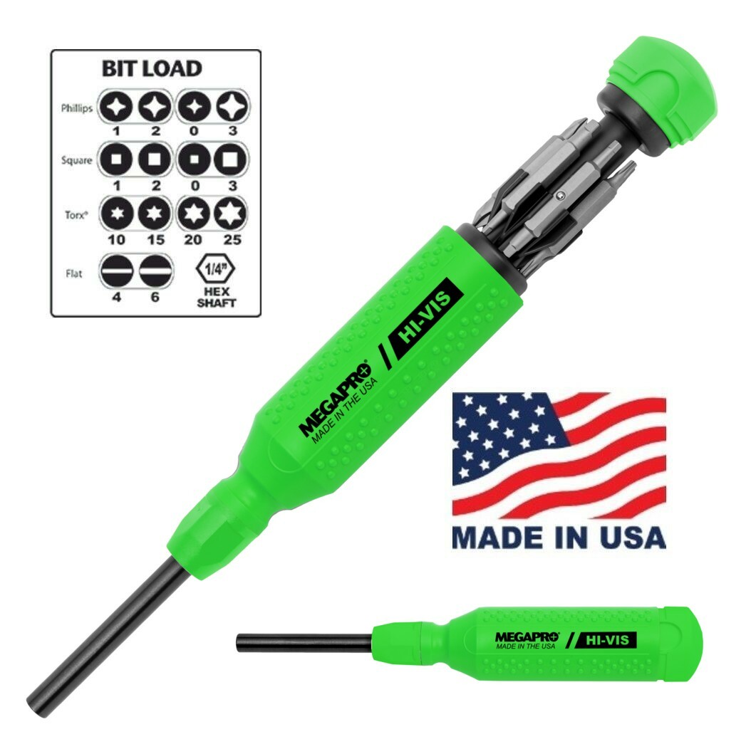 Megapro Hi Vis Original Multi Bit Screwdriver 15 in 1 High Visibility Green USA