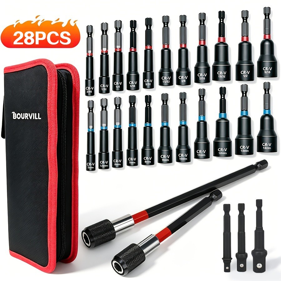 22+1/28PCS Nut Driver Set Magnetic, 1/4″ Impact Drill Driver Bit Set, Hex Shank,