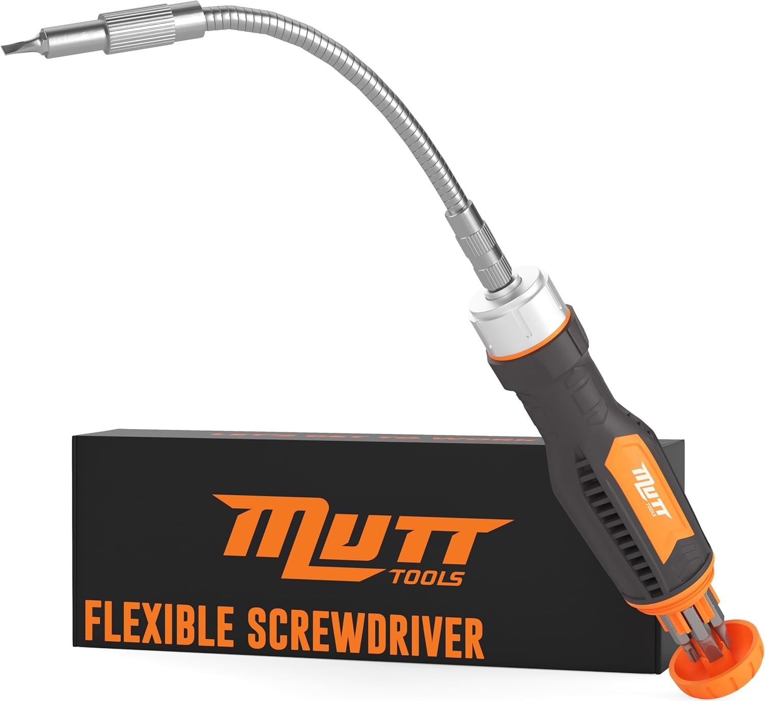 Mutt Tools 12 in 1 Ratcheting Flexible Screwdriver for Tight Orange, Gray