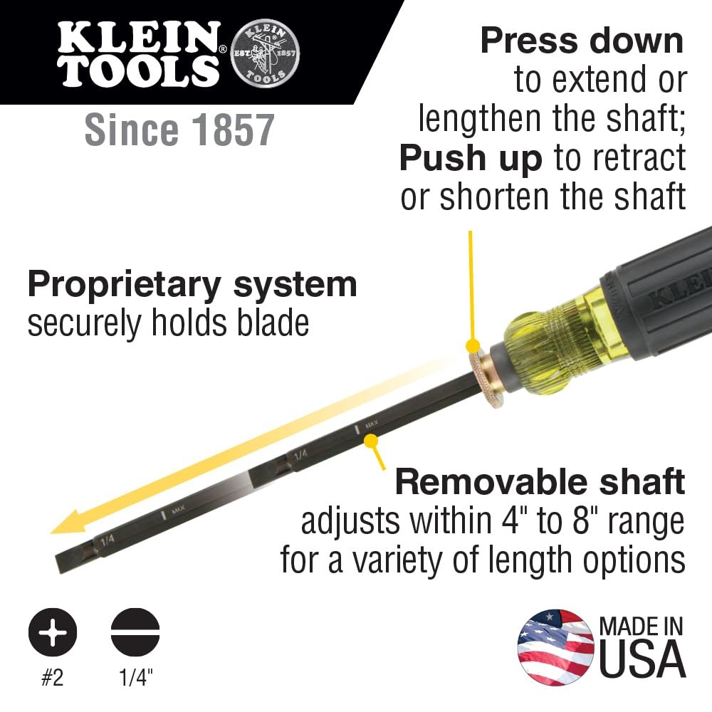 Klein Tools 32751 Screwdriver with Adjustable Length 4 to 8-Inch, Made Black