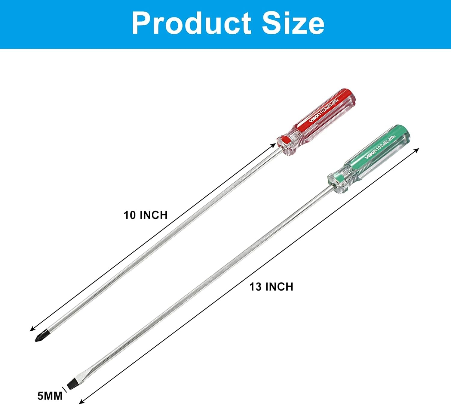 2PCS Long Screwdriver Set 10″ Phillips & Slotted High Carbon Steel Hand Tool