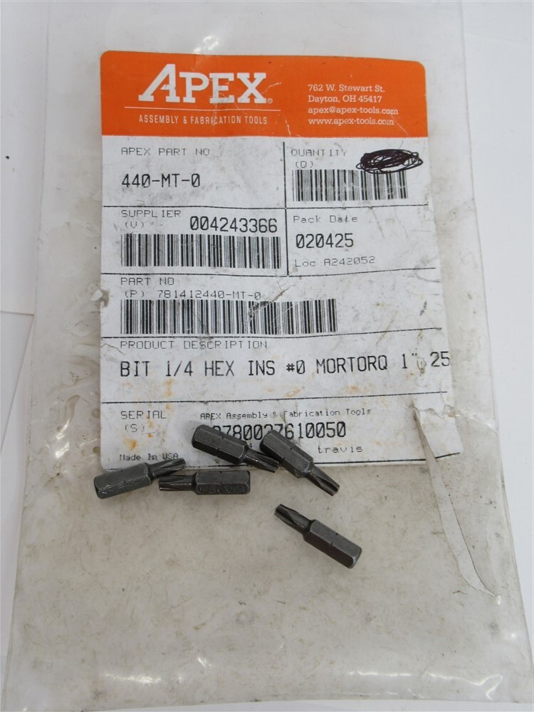 Apex 440-MT-0, #0 Mortorq Insert Bit, 1/4″ Hex, 1″ Long, 5 Pack