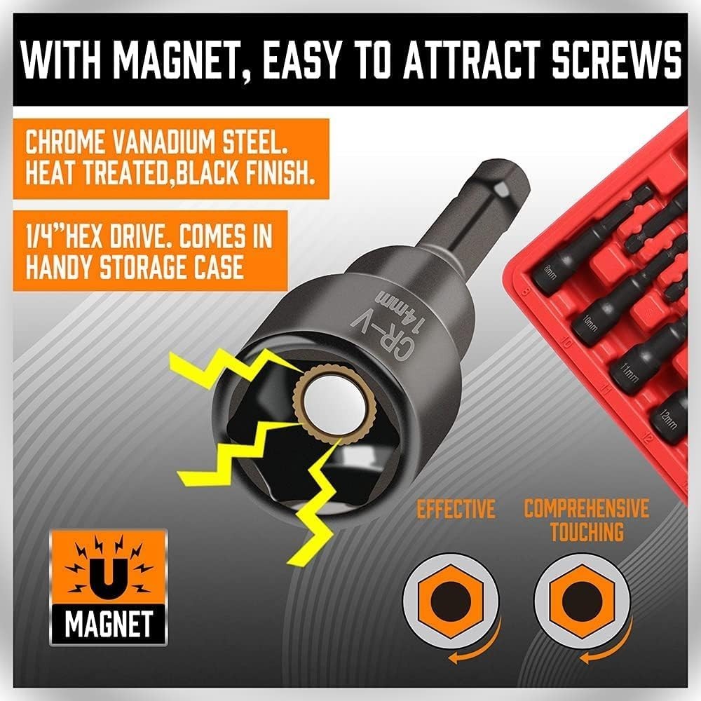 12-Piece Magnetic Nut Driver Set Impact Power Hex SAE & Metric Quick-Change