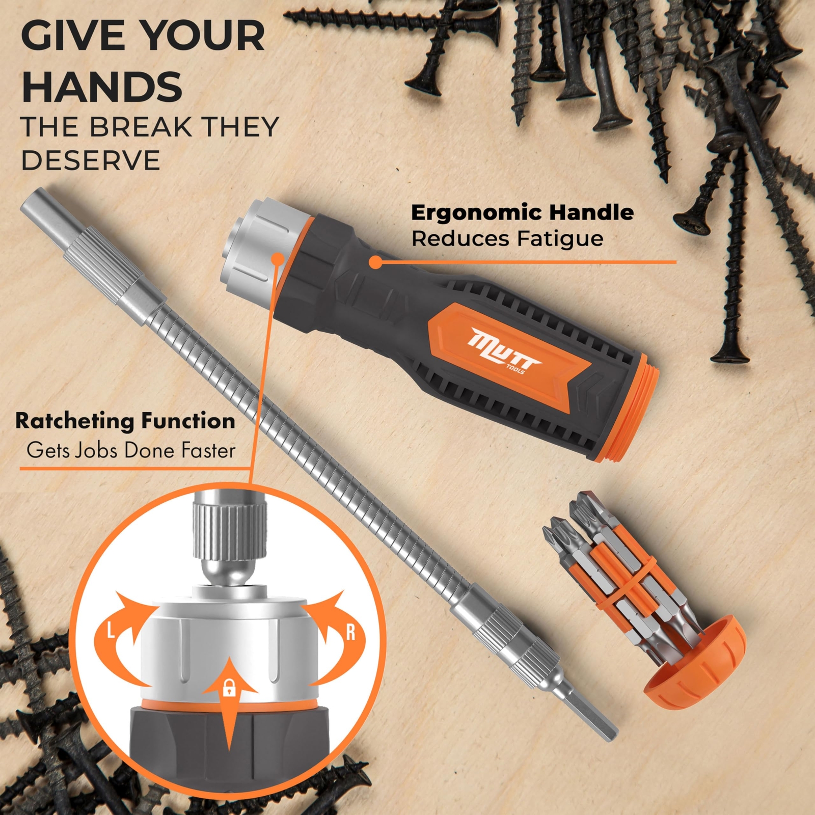 Mutt Tools 12 In 1 Ratcheting Flexible Screwdriver For Tight Spaces “ Flexible S