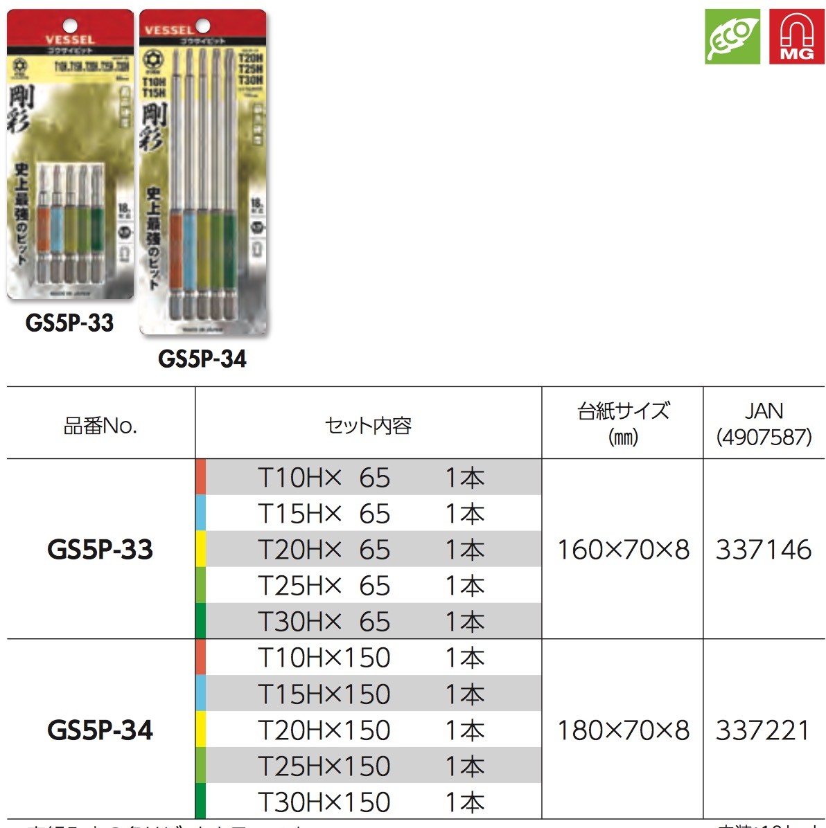VESSEL GOSAI Color Coded TROX Driver Bit No.GSVT T4 – T40 65mm 1pcs Japan