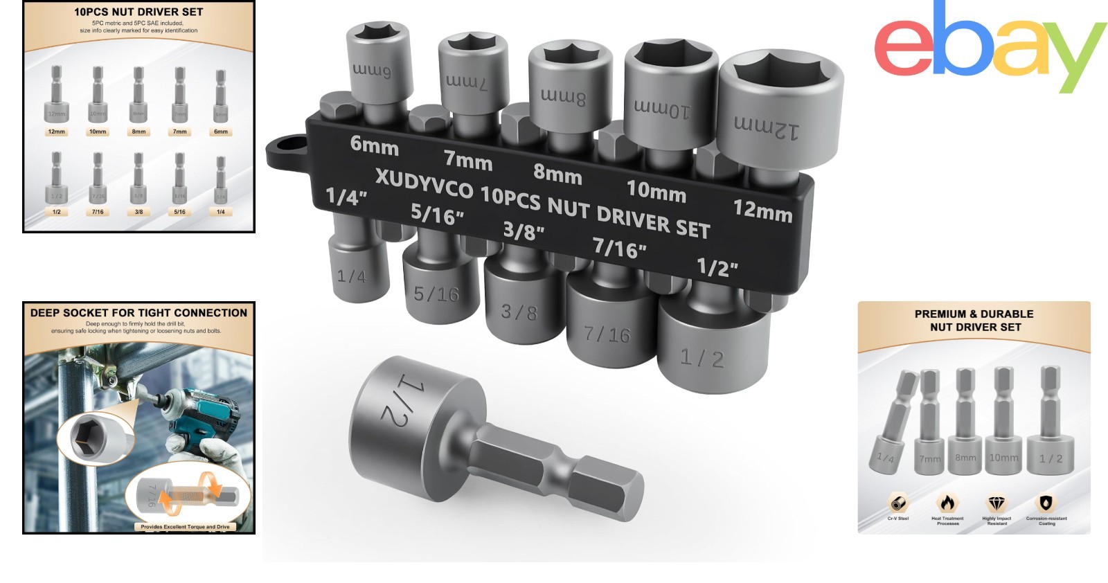 10-Piece Drill Socket Set with Polished Finish and Easy Size Identification