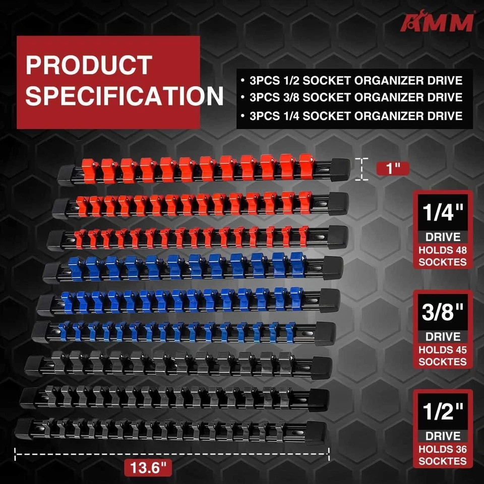 9-Piece Socket Organizer 1/2 inch 3/8 inch and 1/4 inch Drive ABS Tools-Socket