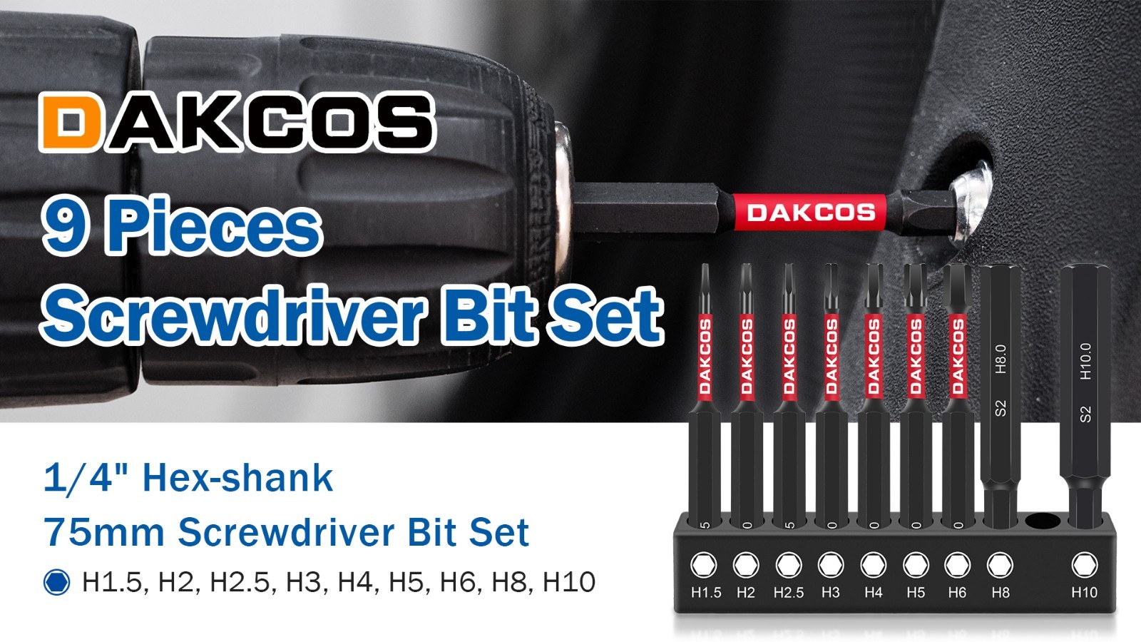 DAKCOS Allen Key Drill Bit Set, H1.5-H10, 9PC 1/4 Inch Hex Shank Hex Bit Set