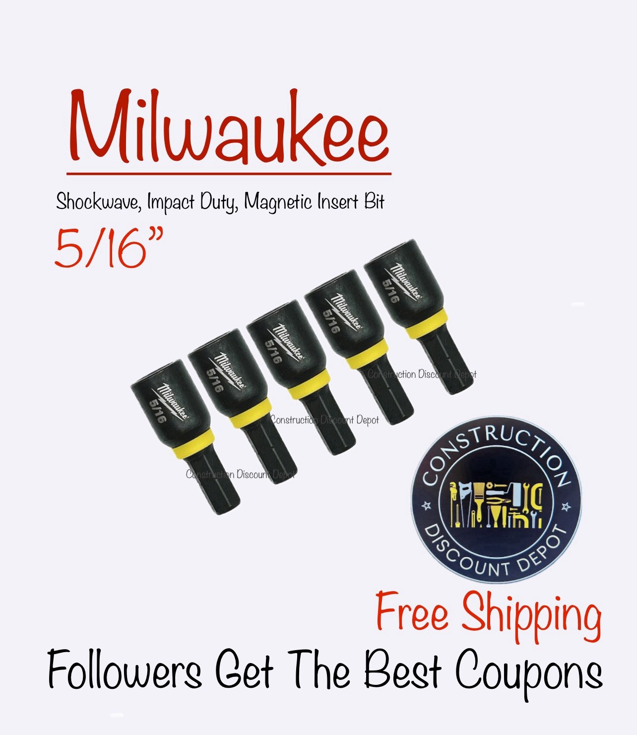 5 Pack Milwaukee SHOCKWAVE Impact Duty Insert Magnetic Nut Driver 5/16″