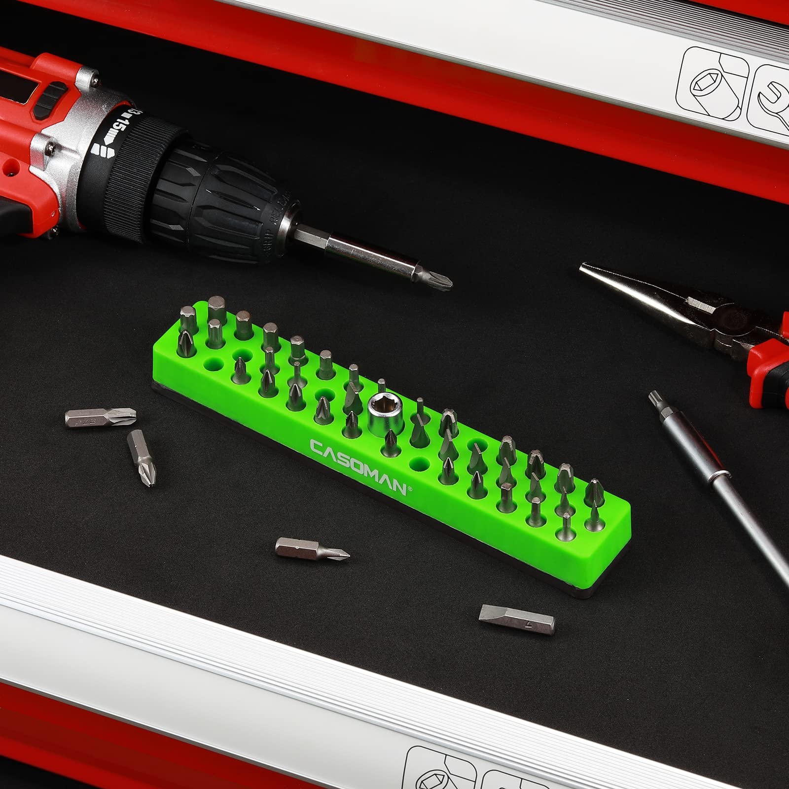 CASOMAN 1/4″ Hex Bit Organizer with Magnetic Base – 7*1.2*0.8 inches, Green