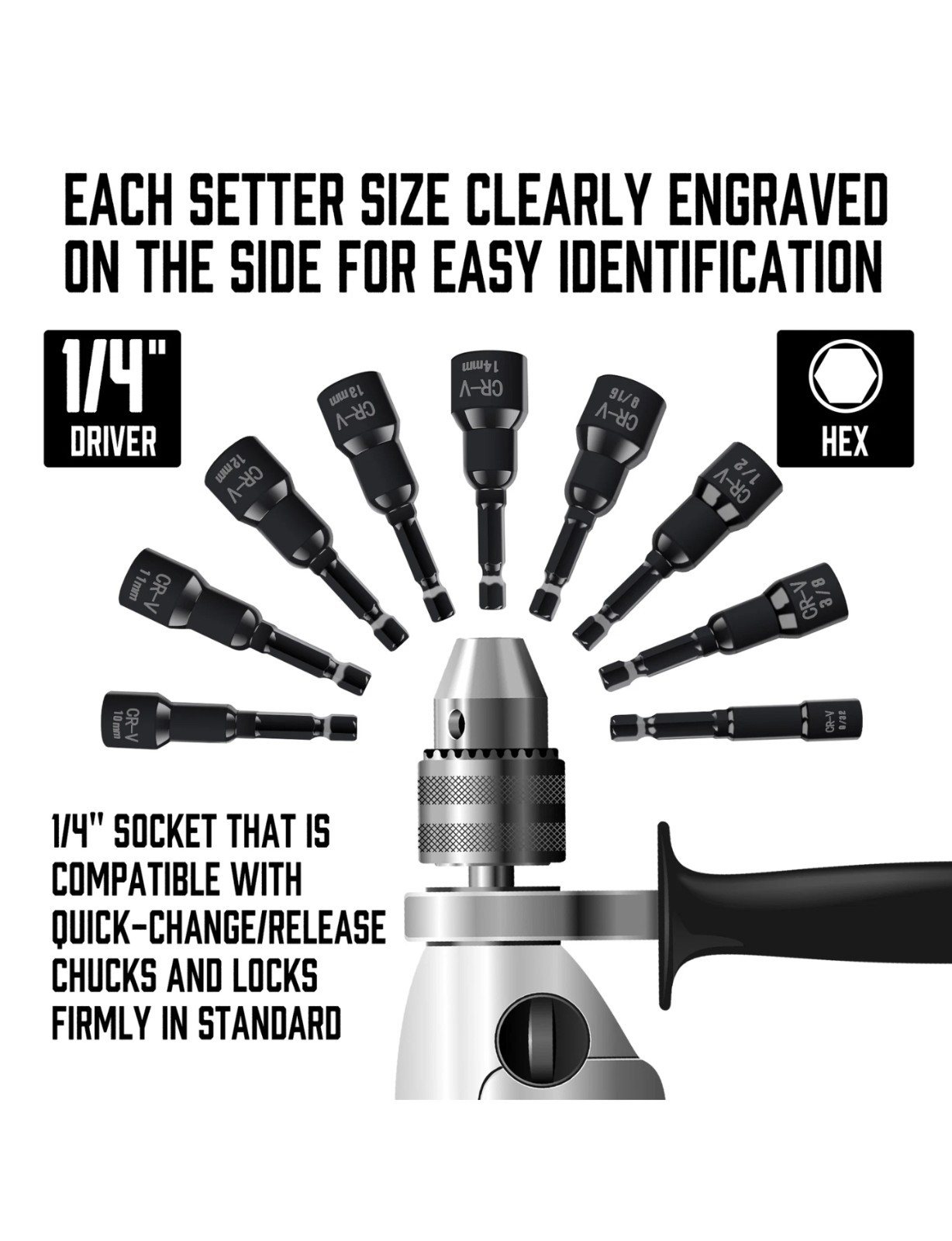 15pc Magnetic Nut Driver Set SAE & Metric Setter Power Drill Bit 1/4″ Hex Shank