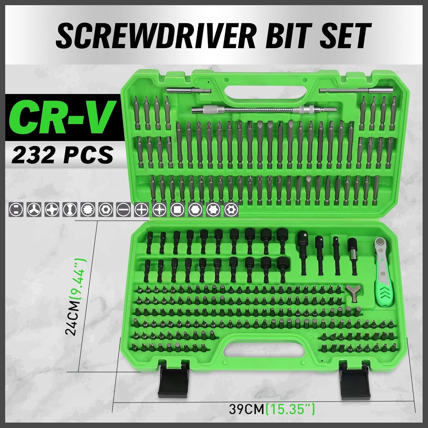 232 Pc Screwdriver Bit Set, Ultimate Ratchet Wrench & Nut Driver Kit w/ Holder