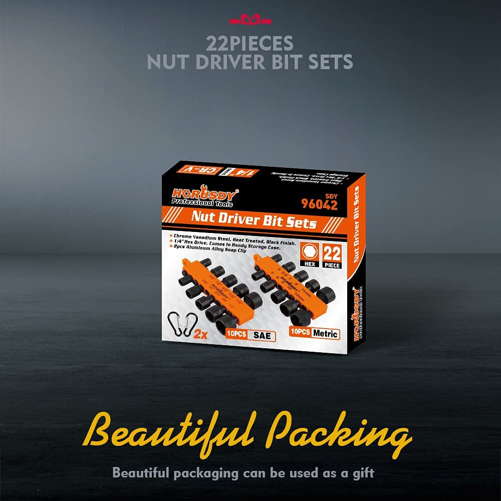 22PC Power Nut Driver Set for Impact Drill SAE & Metric 1/4” Hex Head Drill Bit
