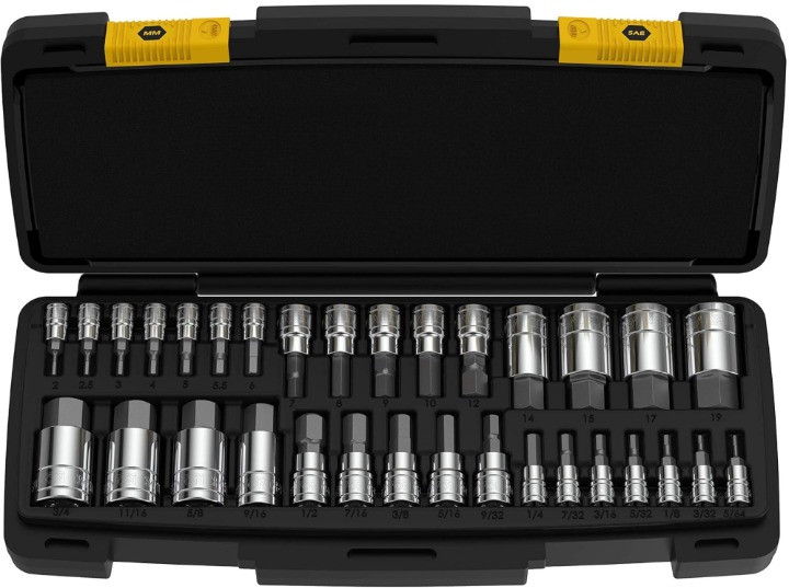 Juego puntas HEX 32pcs acero S2 SAE y métrico con estuche resistente, Nuevo
