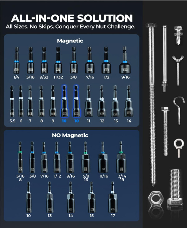 Juego Vasos Magnéticos Impacto 38 Pzs con Adaptadores y Extensión 1/4″