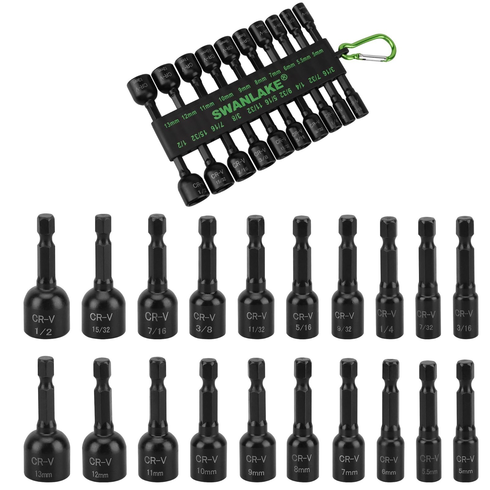 20-Piece Magnetic Nut Driver Set, Metric & SAE Hex Shank, Impact Bit Holder, Qui