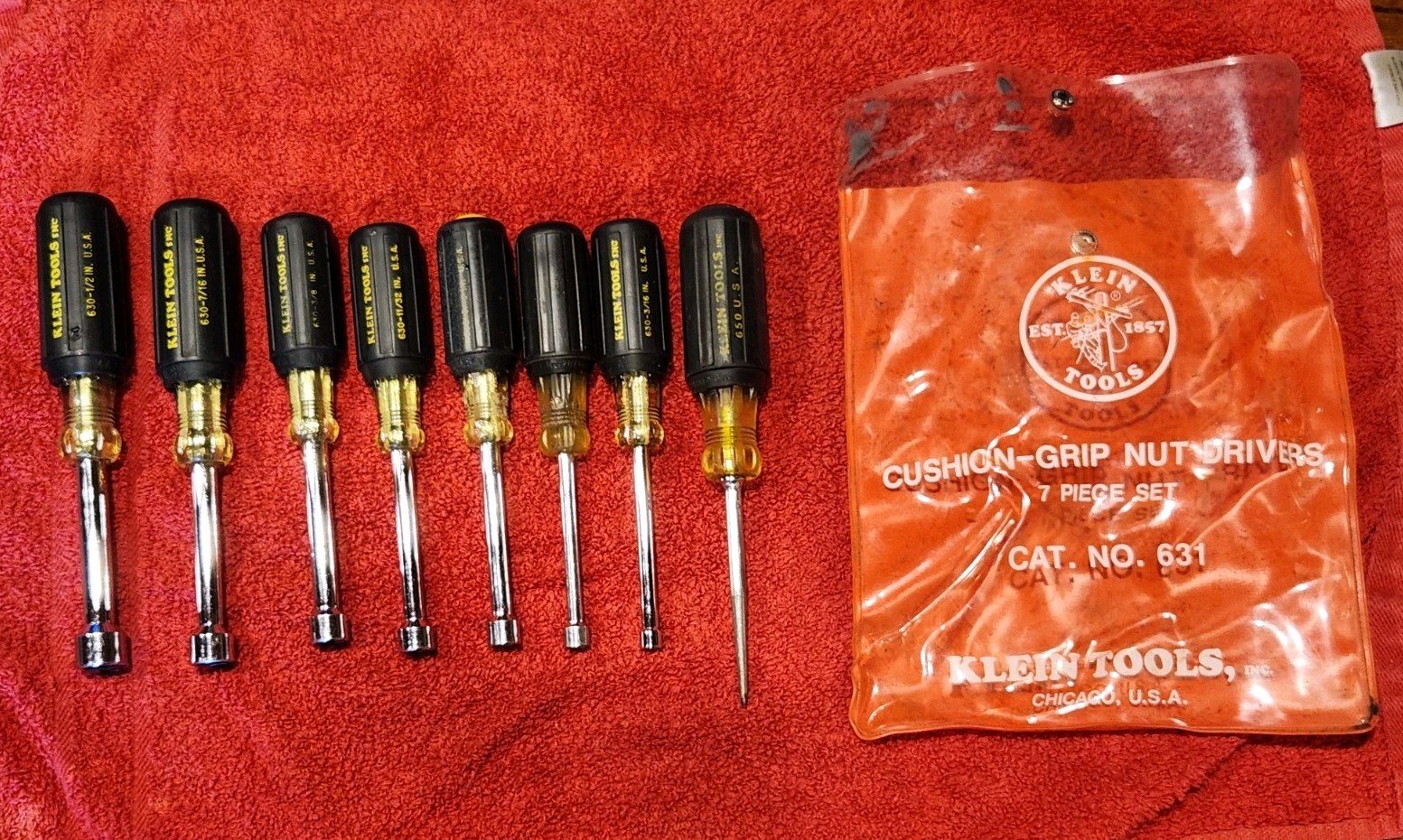 VINTAGE KLEIN 631 Standard Hollow Shaft Nut Driver Set 7 +1 Piece Bonus #650 Awl