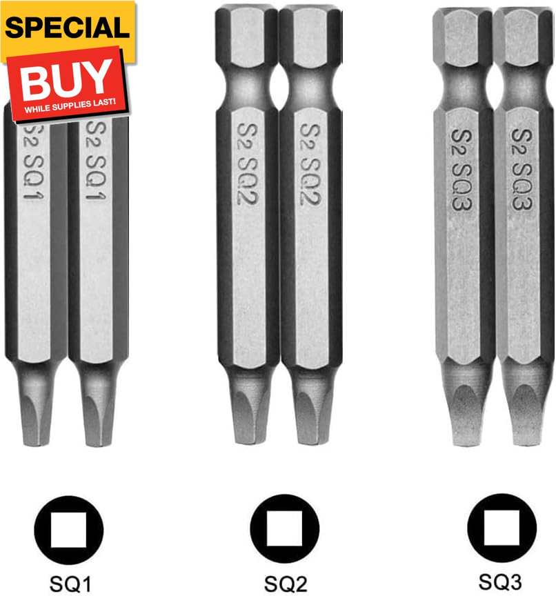 6 Pieces Square Screwdriver Bits, 1/4 inch Hex Shank S2 Steel Square SQ1 SQ2 SQ3