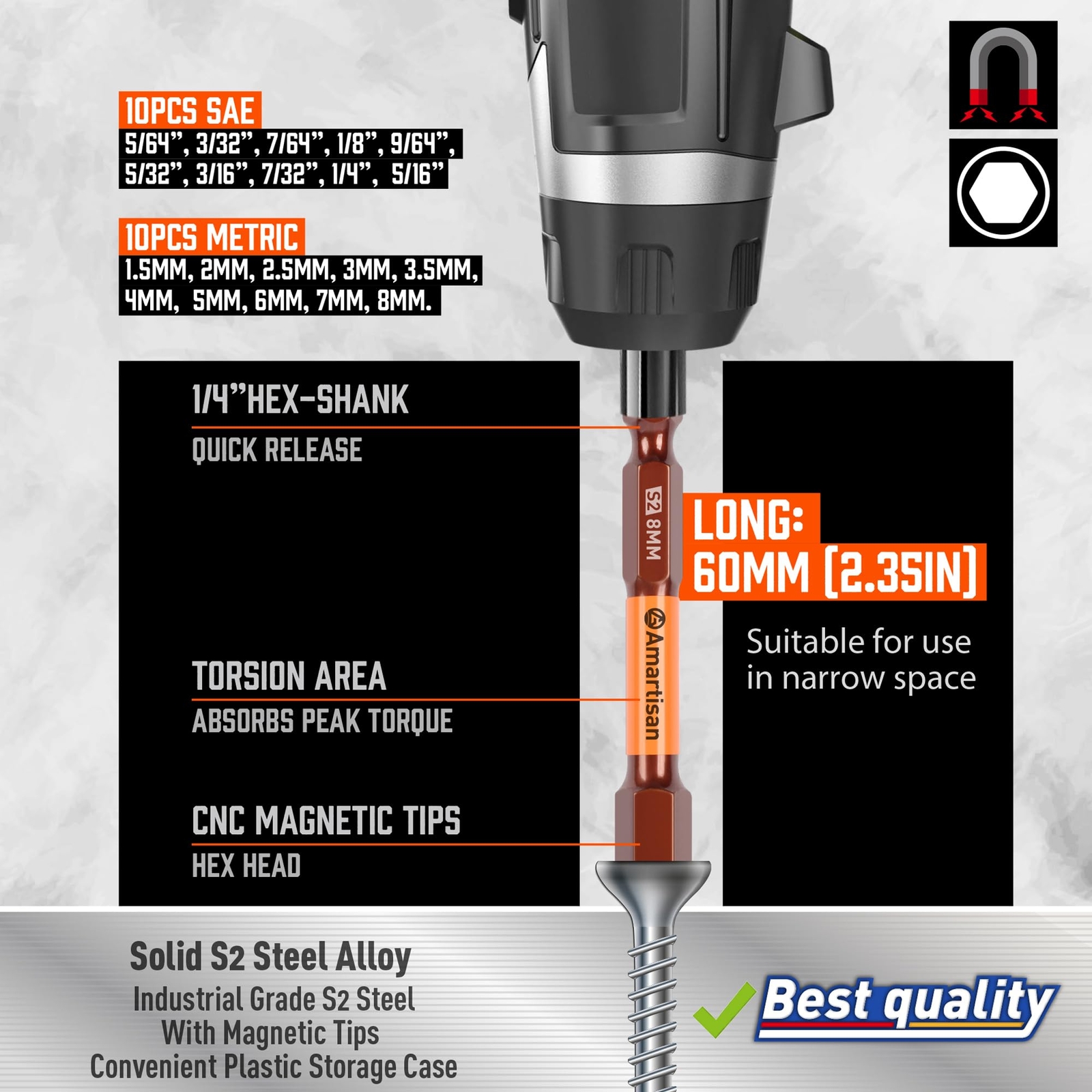 Hex Key Allen Bit Set Quick Change Connect Impact Driver Power Drill Metric Long