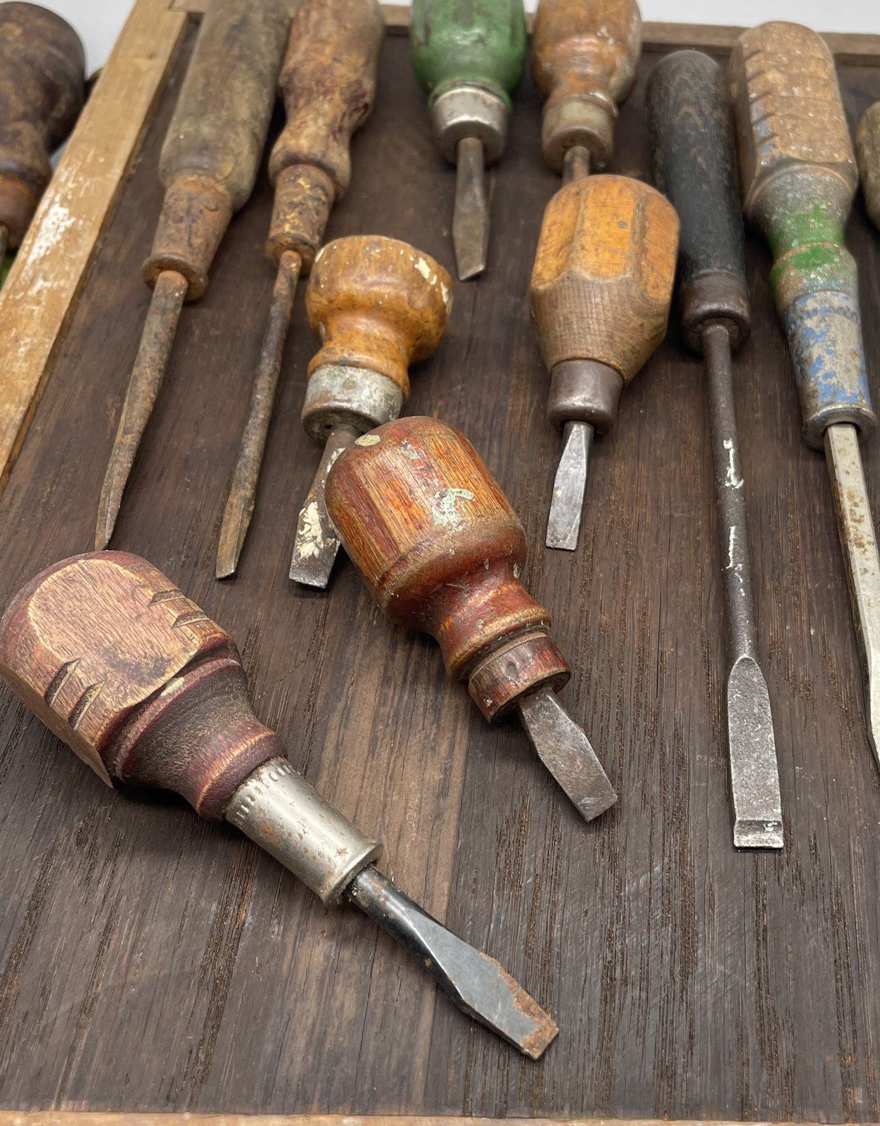 Antique Wood Handle Screwdrivers & Hand Tools In Primitive Wooden Box