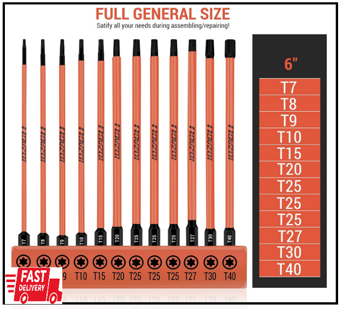 12Pcs Long Torx Bit Set 6-Inch (152mm), T7 To T40, Magnetic Security Tamper Star