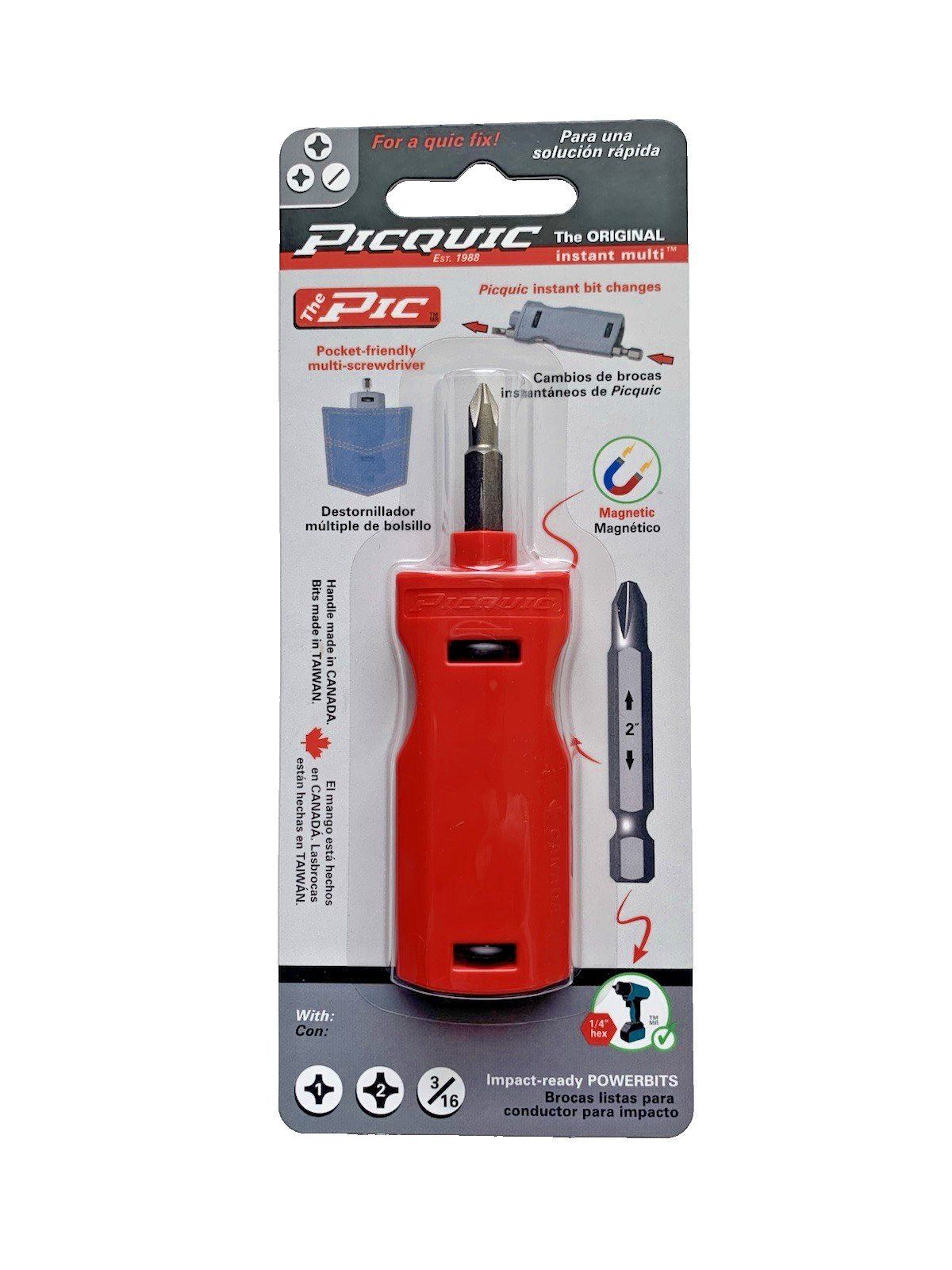 PICQUIC The PIC – 3 bit Screwdriver 2″ x 1/4″ bits Pocket Friendly