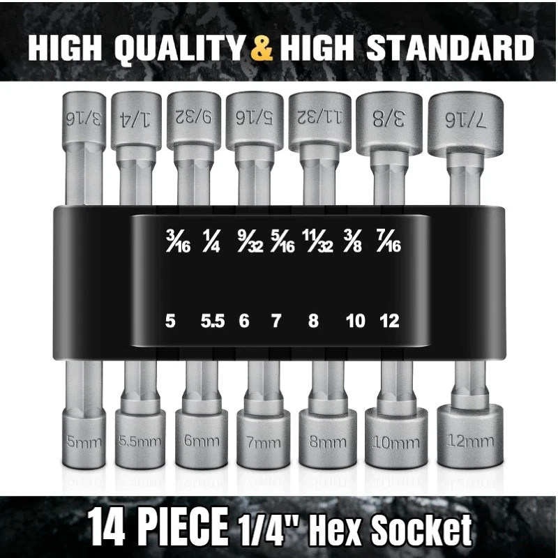 14pc POWER NUT Driver Bit Set Dual 1/4 Quick Change SAE & Metric MM Detent Shank