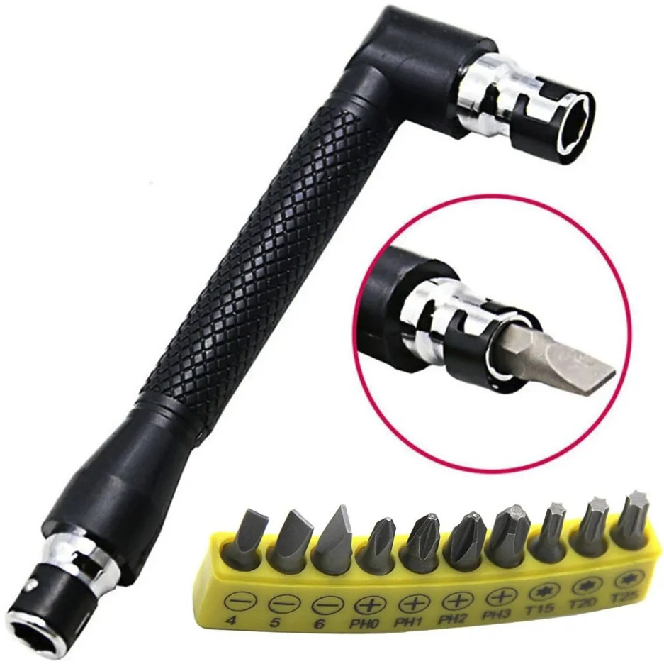 1pc L-Shaped 1/4 Hex Screwdriver + 10pcs Bit Set 90° Double Head – NEW