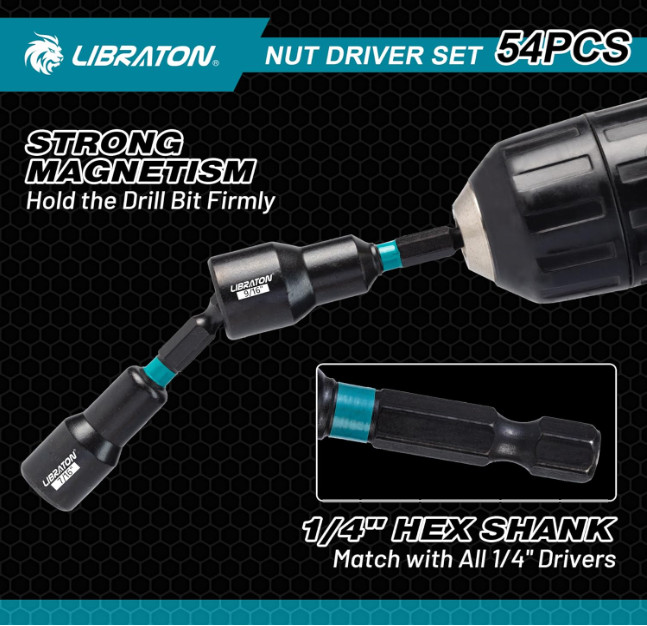 LIBRATON 54PCS Magnetic Nut Driver Set, Metric/SAE Impact Drill Bit Kit
