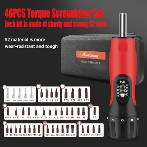 46Pc Torque Screwdriver Set 10-80 in-lbs, S2 Bits, Sockets for Bike Repair & Too