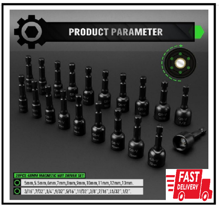 20-Piece Magnetic Nut Driver Set, Metric & SAE 1/4″ Hex Shank, Drill Socket Set