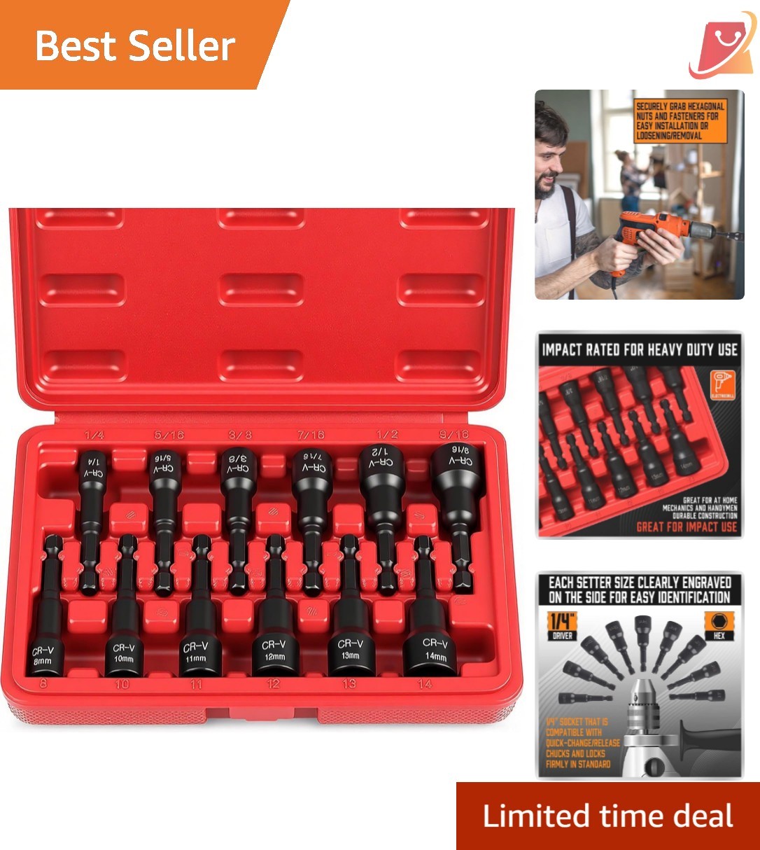 12-Piece Magnetic Nut Driver Set Impact Power Hex SAE & Metric Quick-Change