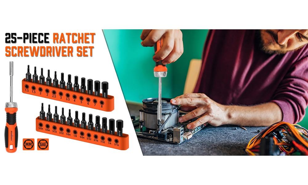 25PC Hex Screwdriver Bit Set 1/4″ Ratcheting Magnetic Bit Driver Metric and SAE