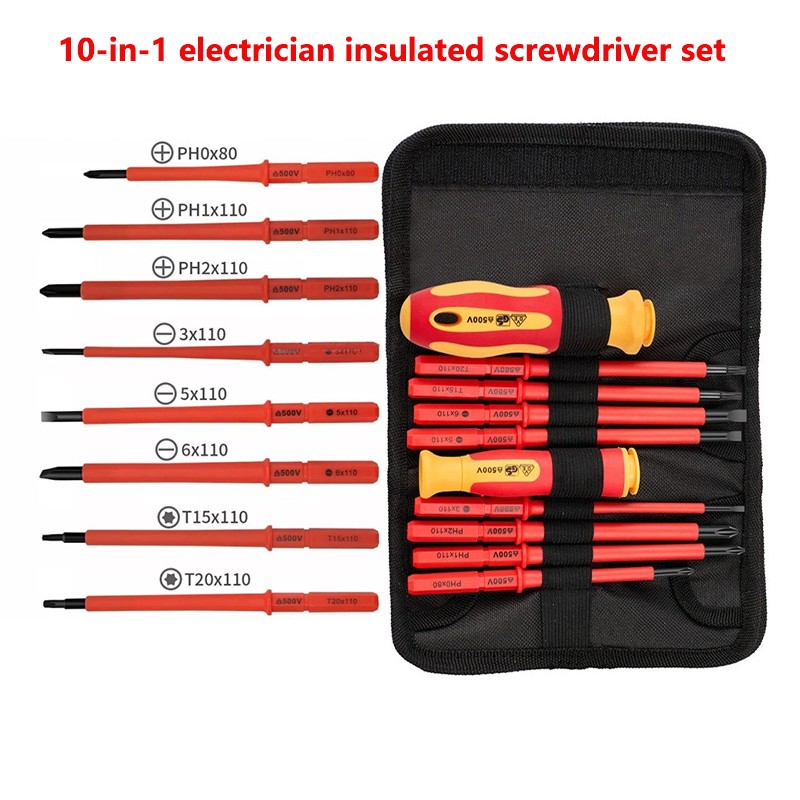 10-in-1 VDE Insulated Screwdriver Set Magnetic Phillips Slotted Torx with Pouch
