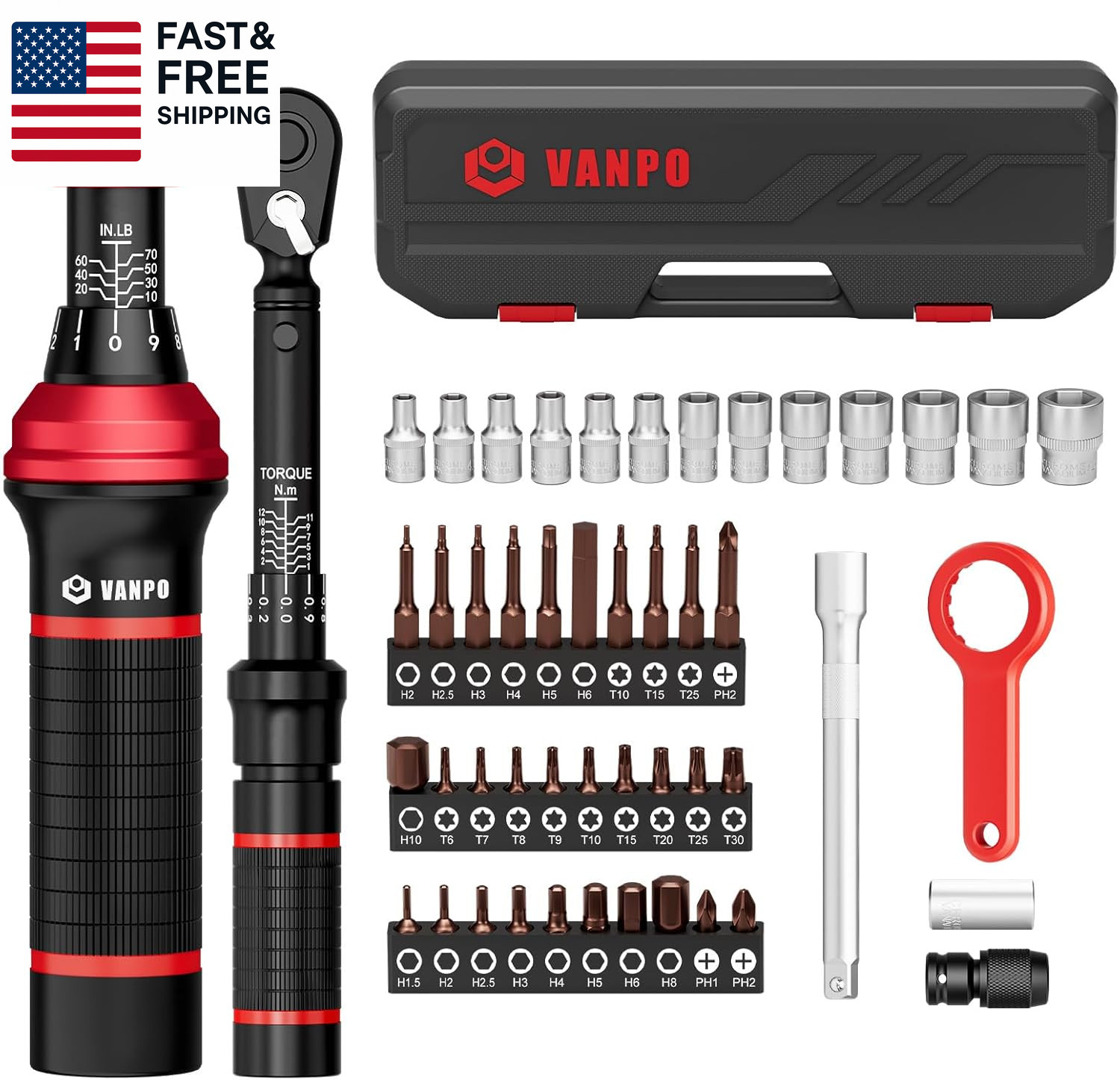 Torque Screwdriver Set 10-70 In.Lb, 48Pcs 1/4″ Drive Torque Screwdriver S2 Bits