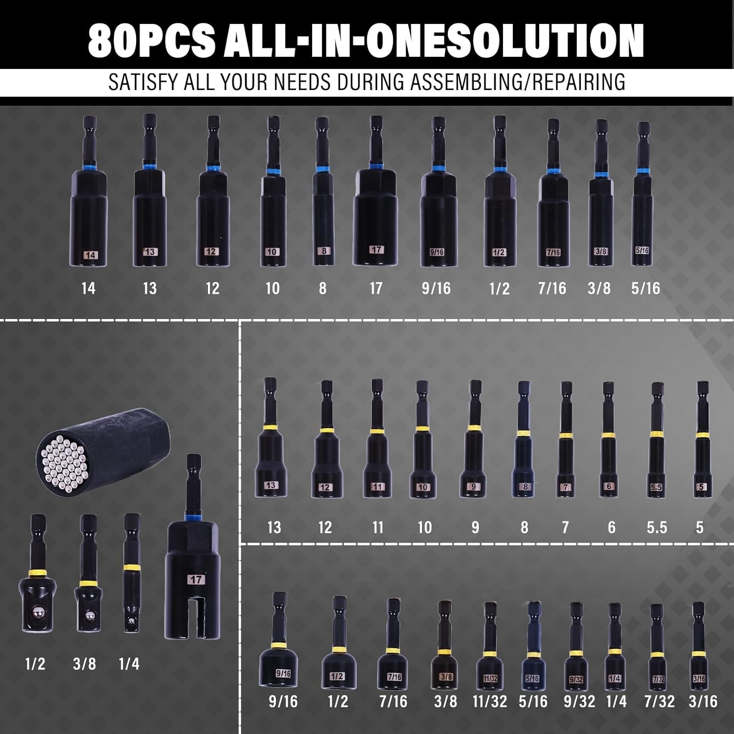 80PSC Magnetic Nut Driver Set Metric & SAE with Socket Adapters, Wing Nut Driver