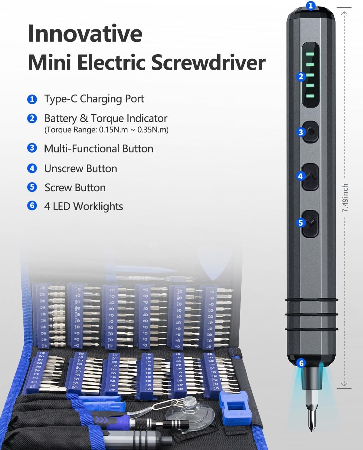 140-in-1 Mini Electric Screwdriver Set w/ 120 Bits, 5 Torque Settings, LED Light