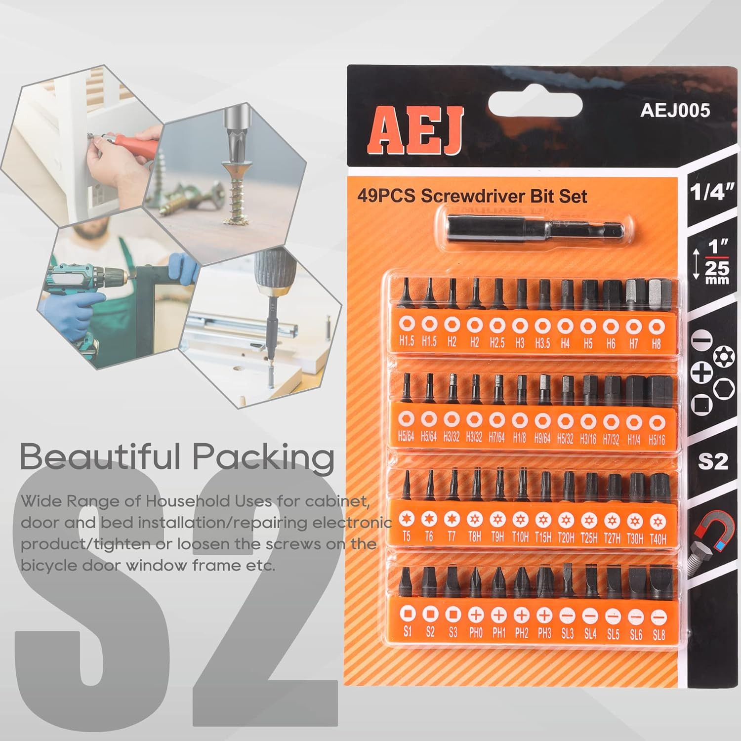 49-Pack Screwdriver Bit Set, Hex Head Drill Bit Set, Torx Square Slotted Phillip