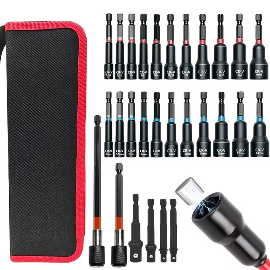 22+1/28PCS Nut Driver Set Magnetic, 1/4″ Impact Drill Driver Bit Set, Hex Shank,
