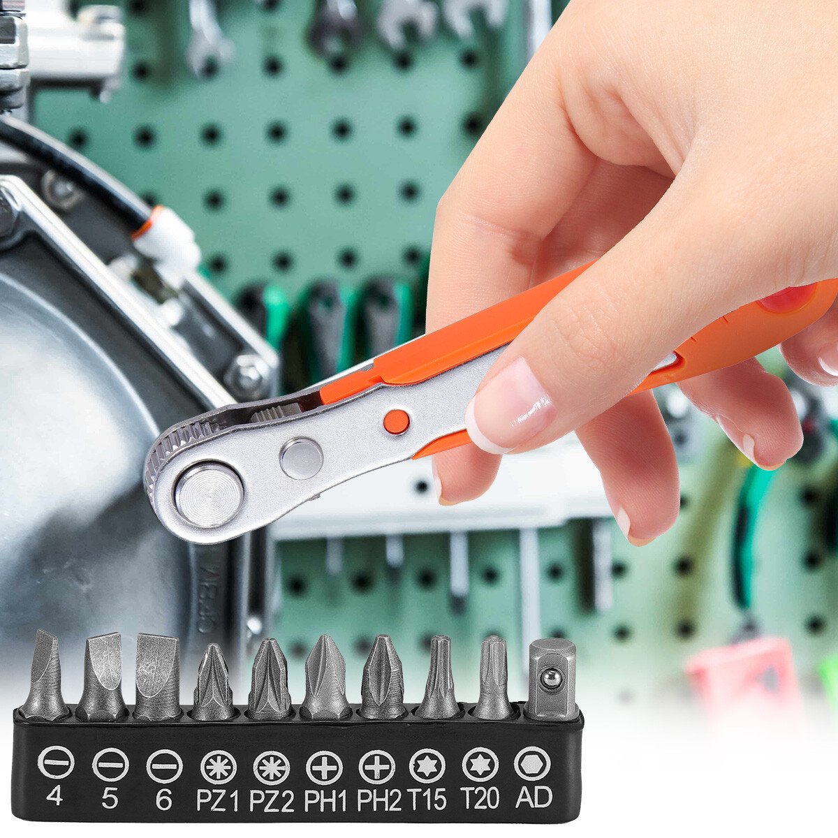 Magnetic Right Angle Screwdriver Hex Forward & Reverse Ratchet Wrench +10 Bits