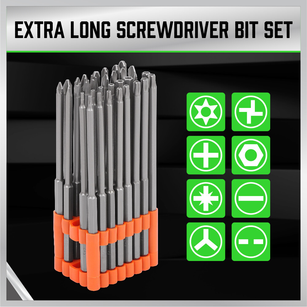 32pc Extra Long Security Bit Set Tamper Proof Torx Star 6 In 1/4″ Shank w Holder