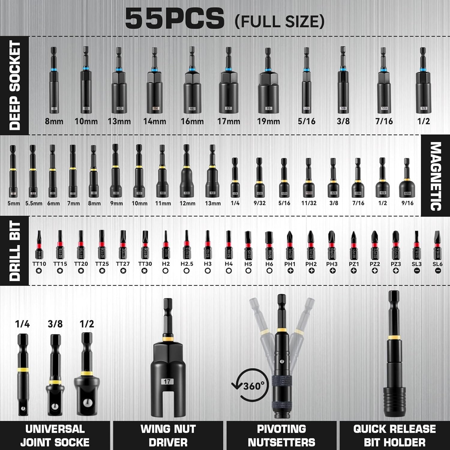 Socket Set, Magnetic Nut Driver Set,Impact Driver Bit Set with Socket Adapters