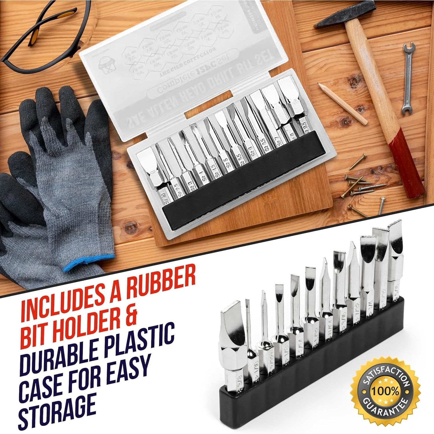 SAE Slotted Screwdriver Bit Set 12pc with Holder for Automotive and Woodworking