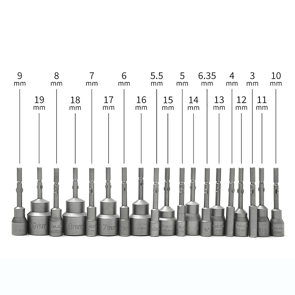 Deepen Hex Magnetic Nut Driver Socket 5mm Round Shank Impact Drill Bits 5-19mm