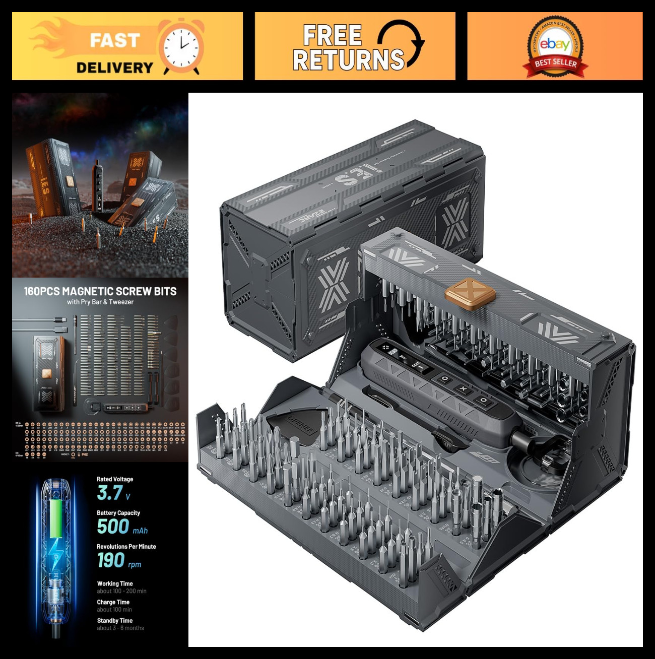 181-in-1 Cordless Electric Screwdriver Set, 3 Torque Settings, 160 Magnetic Bits